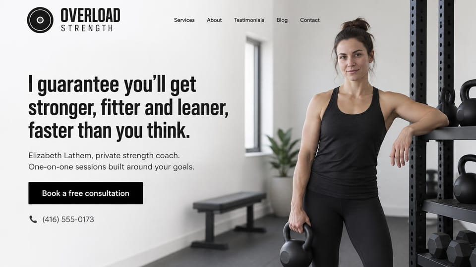 Personal trainer website design, solo strength coach with a bold results guarantee: white and gray page, a condensed black headline, a black consultation button and a phone line, a woman in black leaning on a rack of kettlebells in a bright studio