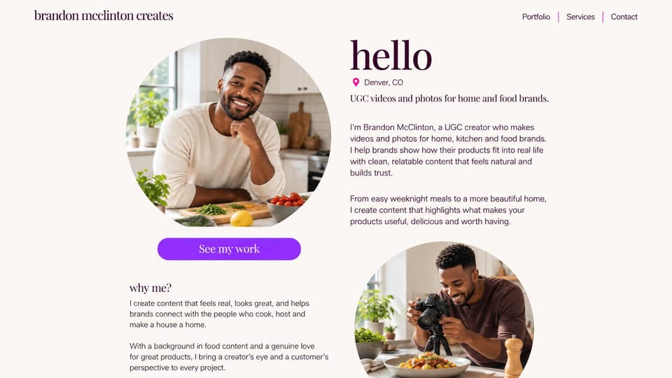 UGC portfolio website design, food and home creator in round photos: off-white page, plum serif hello, purple button, two round photos of a man cooking and photographing food