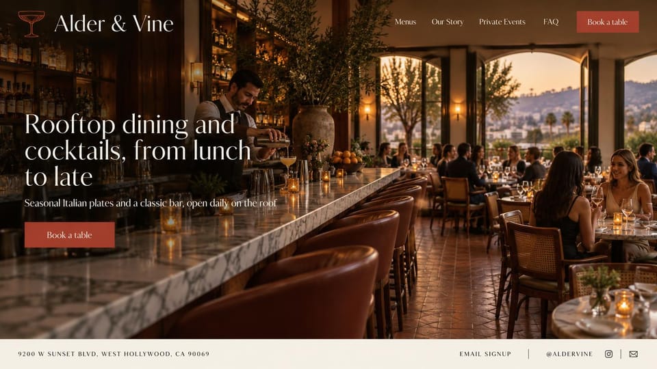 Restaurant website design, rooftop dining and cocktails at sunset: a candlelit rooftop bar and dining room at sunset, white serif headline and red button