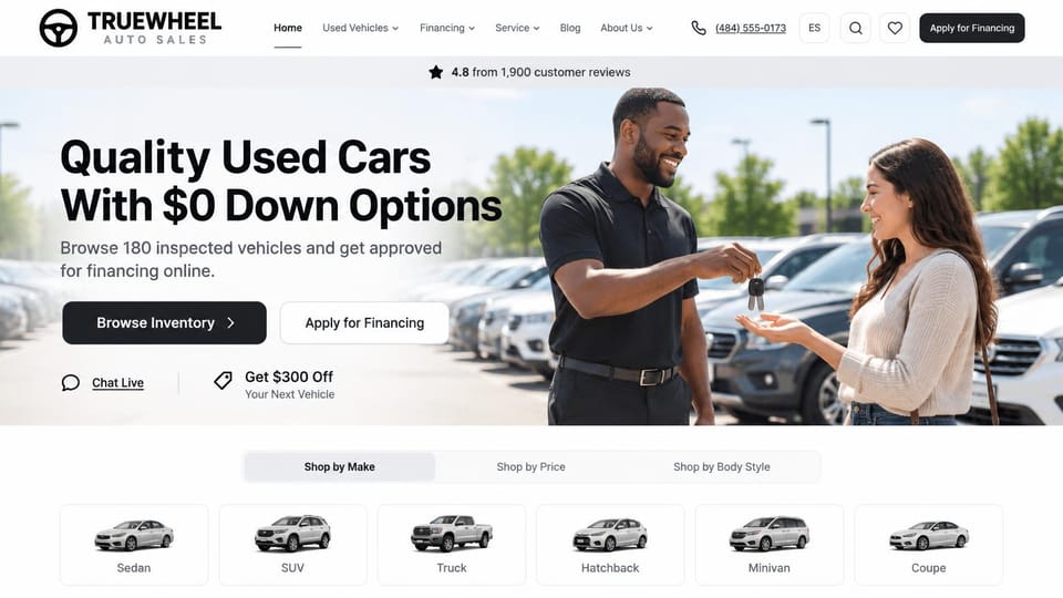 Car dealership website design, used car dealer with a no-money-down headline: white page with black buttons, a reviews strip, a salesman handing keys to a smiling woman on a sunny lot, bold black headline and a row of body style cards