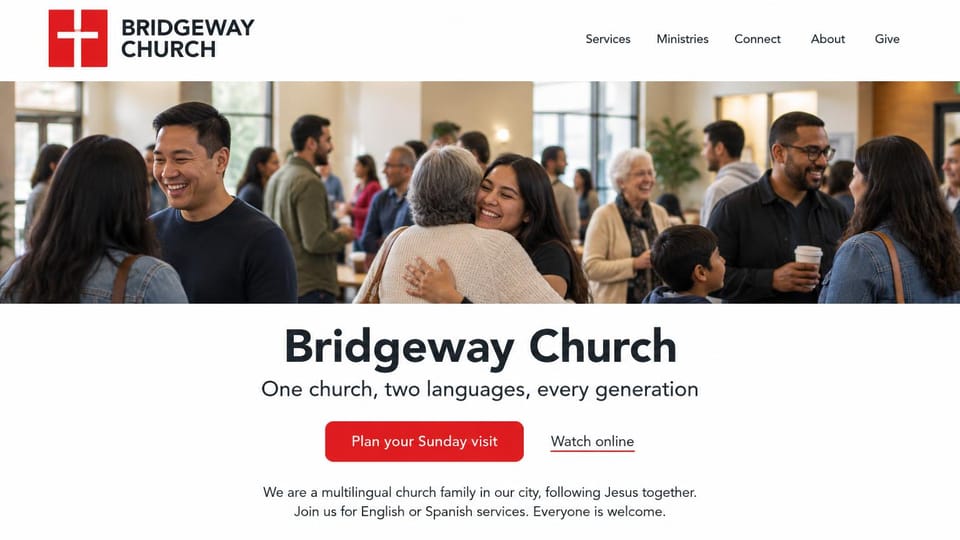Church website design, bilingual church with the name front and center: people hugging in a church lobby above white space, a bold black name and a red button
