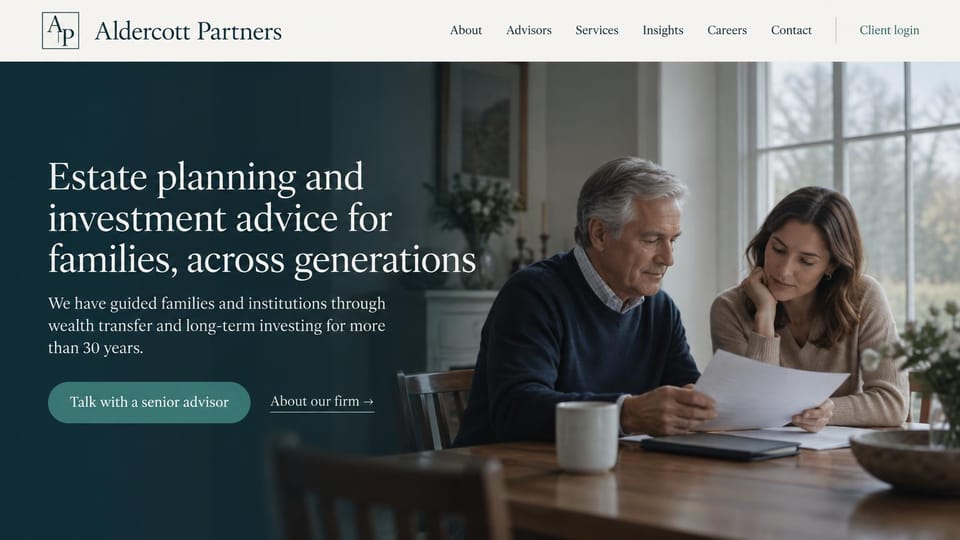 Financial advisor website design, estate planning across generations in deep teal: dark teal wash over a photo of an older man and his grown daughter at a kitchen table, white serif headline and a teal pill button