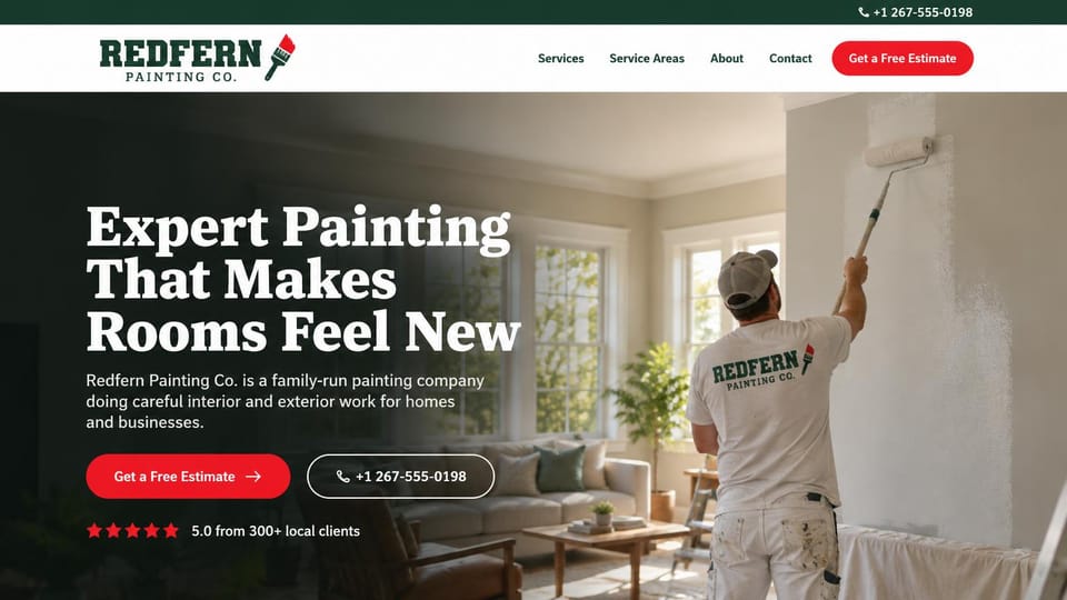 Painting website design, interior painting with a bold serif headline: dark green gradient over a photo of a painter rolling a living room wall, a white slab serif headline, a red estimate button and a star rating