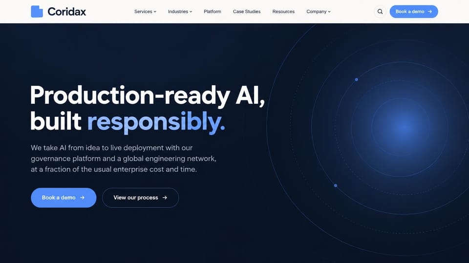 AI startup website design, responsible AI delivery with glowing blue orbits: white nav over a deep navy page, a heavy white headline with one word in a blue gradient, gray body text, a blue demo button beside an outlined one and concentric orbit rings around a glowing blue core on the right
