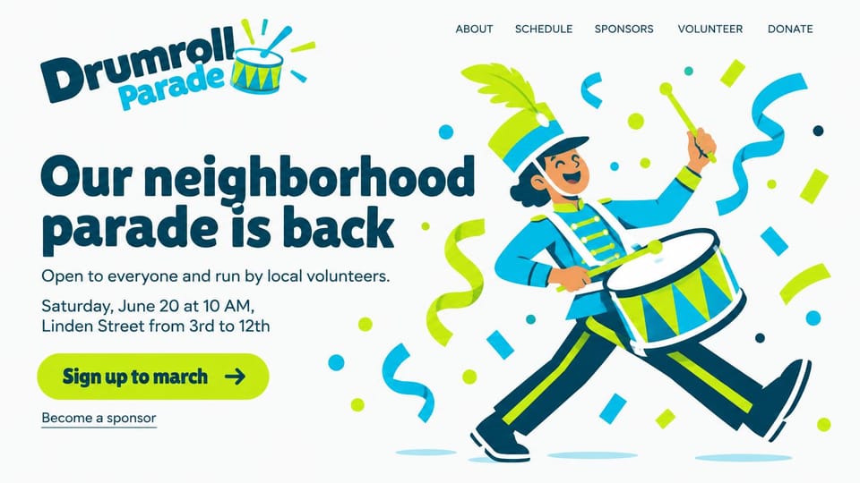 Event website design, neighborhood parade with a cartoon drummer: white page, navy and cyan logo with a drum, navy rounded headline, lime sign-up button, illustrated drummer in a plumed hat with confetti ribbons