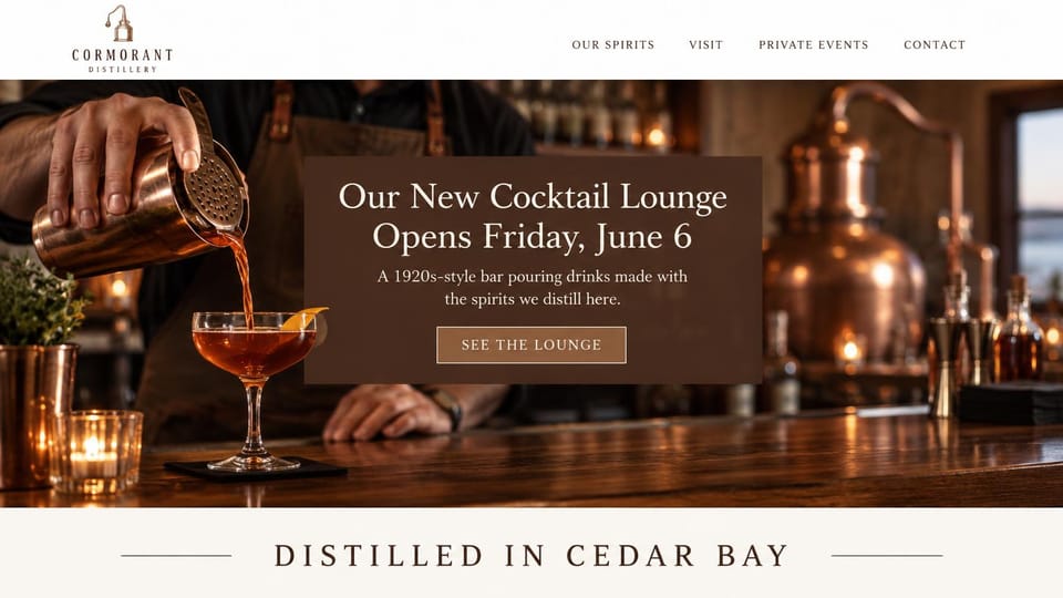 Winery and brewery website design, distillery announcing its cocktail lounge: white header with a copper still logo, a bartender pouring a cocktail beside copper stills, a dark brown box with a cream serif headline and an outlined button