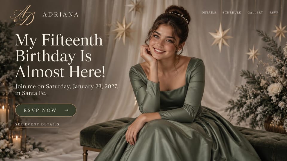 Event website design, quinceañera invitation in olive and gold: dark olive scene with gold stars, a girl in a green gown seated on a bench, white serif headline, outlined RSVP button
