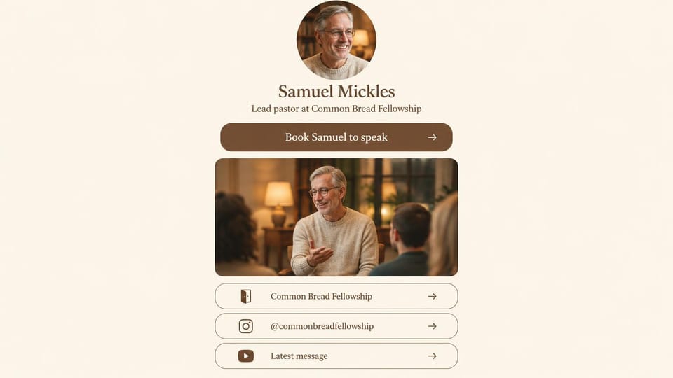 Personal website design, pastor's link page for speaking requests: cream page, a circular portrait of an older man, a brown book to speak button, a photo and link rows