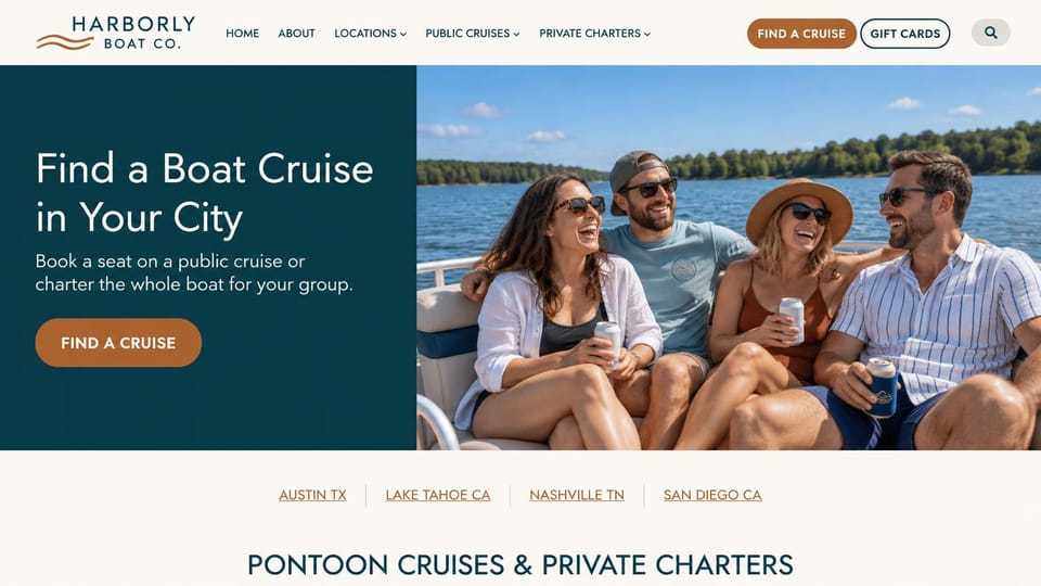 Travel agency website design, boat cruises in several cities: cream header, dark teal panel with a white headline and rust button beside a photo of friends on a pontoon boat, a row of city links below