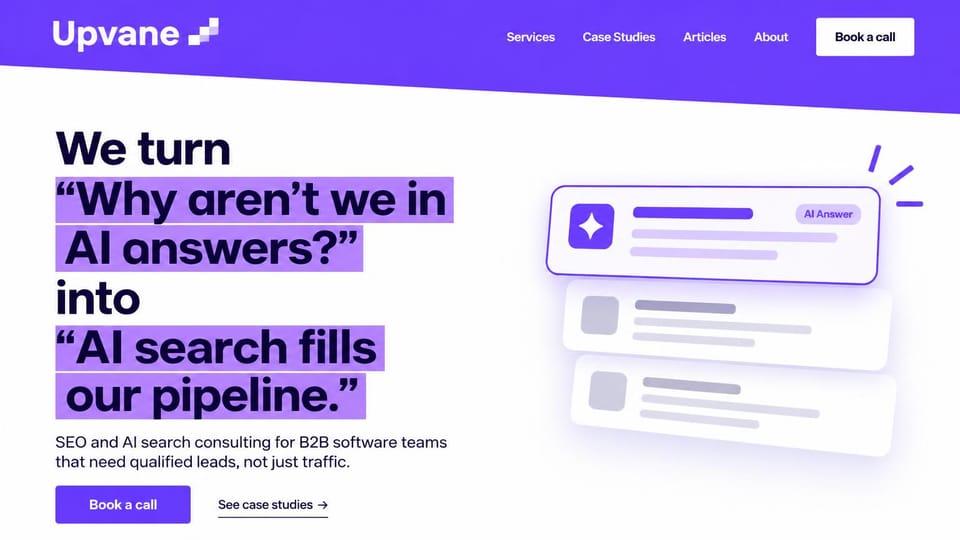 Marketing agency website design, aI search agency for B2B software with highlighted quotes: white page under a slanted purple band, a bold black headline with purple highlights, a purple button and stacked answer cards
