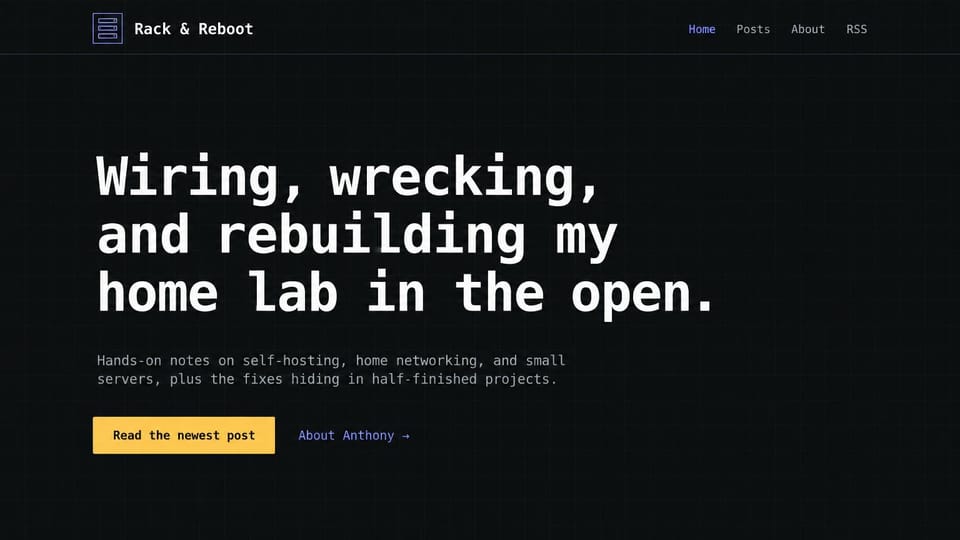 Blog website design, tech hobby blog in a terminal style: black grid background, a large white monospace headline and a yellow button