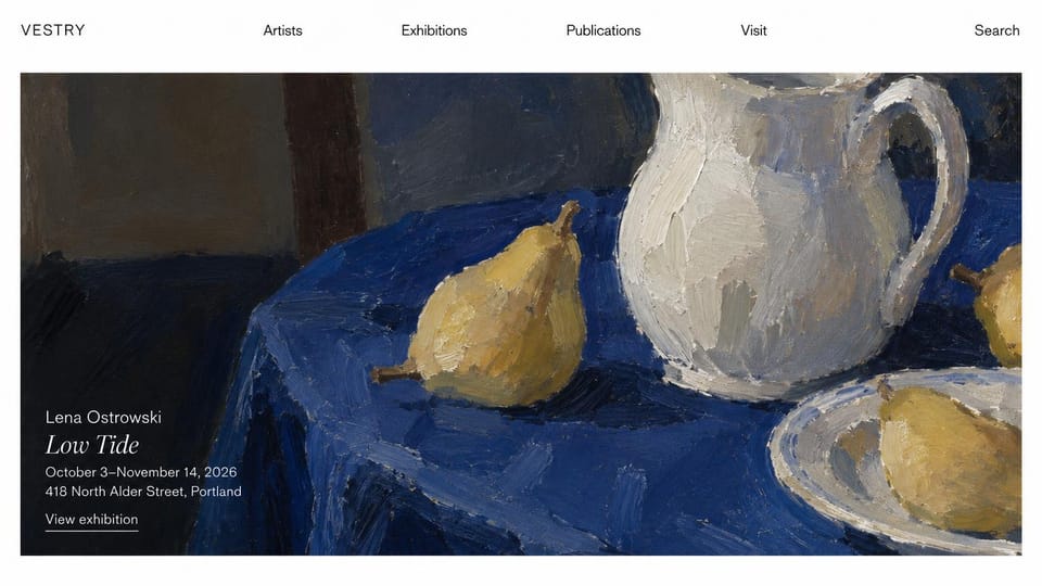Art gallery website design, painting show led by one close-up canvas: white header with a thin wordmark, a wide crop of a still life of pears and a white jug on deep blue cloth, white exhibition text at lower left