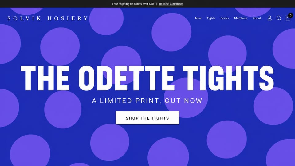 Fashion website design, tights and socks with a bold polka-dot launch: bright blue page covered in large purple dots, a huge white condensed headline, small spaced caps below and a white button