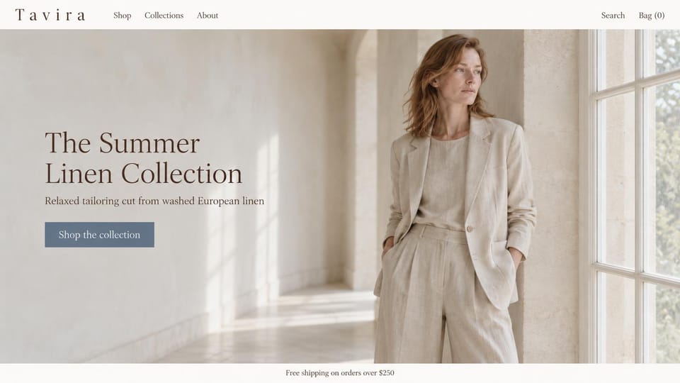 Fashion website design, linen suiting in a sunlit stone hall: pale stone hall, a red-haired woman in a cream linen suit by a tall window, a dark serif headline and a slate blue button