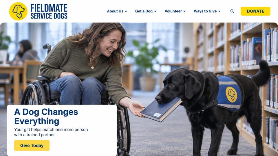 Nonprofit website design, service dog charity in one warm moment: a woman in a wheelchair and a black lab in a library, a white text card and a yellow give button