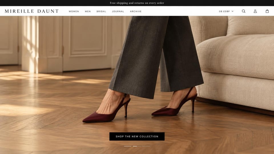 Fashion website design, heels under wide trousers on a herringbone floor: black top bar and white header with a spaced serif logo, burgundy slingback heels and gray wide trousers on a herringbone wood floor by a cream sofa, a centered black button
