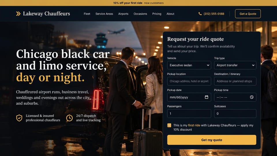 Car rental website design, black car and limo with an airport quote form: navy page, an airport curb at dusk with a chauffeur and luggage, white and gold serif headline, dark quote form with a gold button, gold top banner