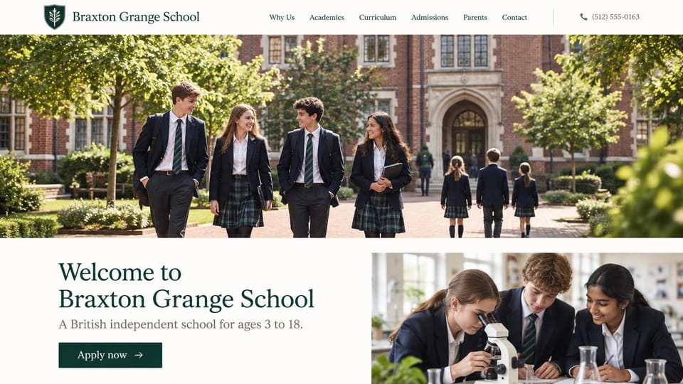 School website design, british school for ages 3 to 18 with a welcome split: white header with a phone number, uniformed students walking on a campus path, a cream welcome block with a green apply button and a microscope photo