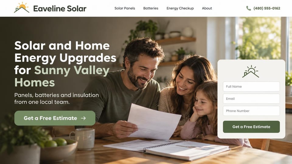 Solar website design, home energy upgrades with a family at the table: warm kitchen photo of a family reading a home energy plan, a white and sage green headline, a sage estimate button and a white form card on the right