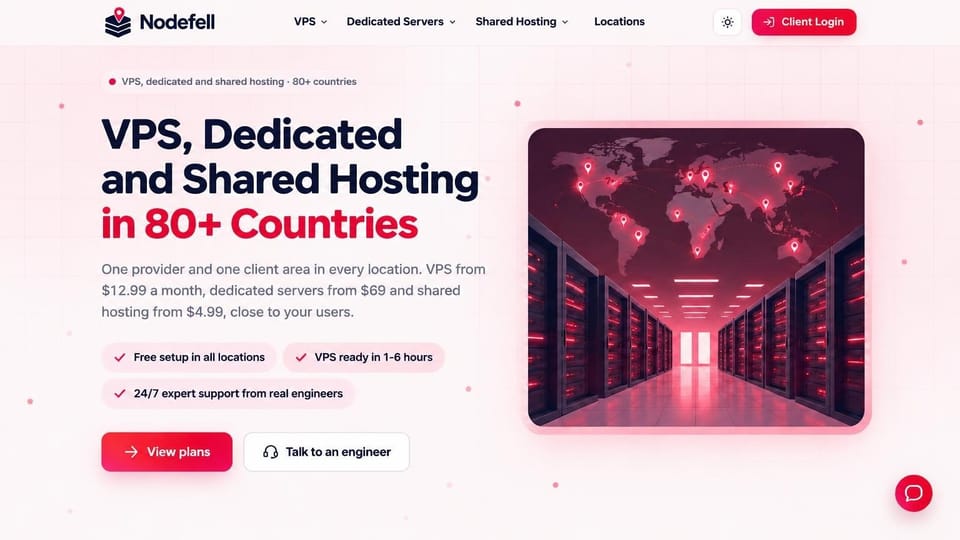Web hosting website design, global hosting with a world map over the racks: pale pink grid page, navy and red headline, a red plans button and a white engineer button, check-mark pills, a glowing world map with red pins above a red-lit server aisle