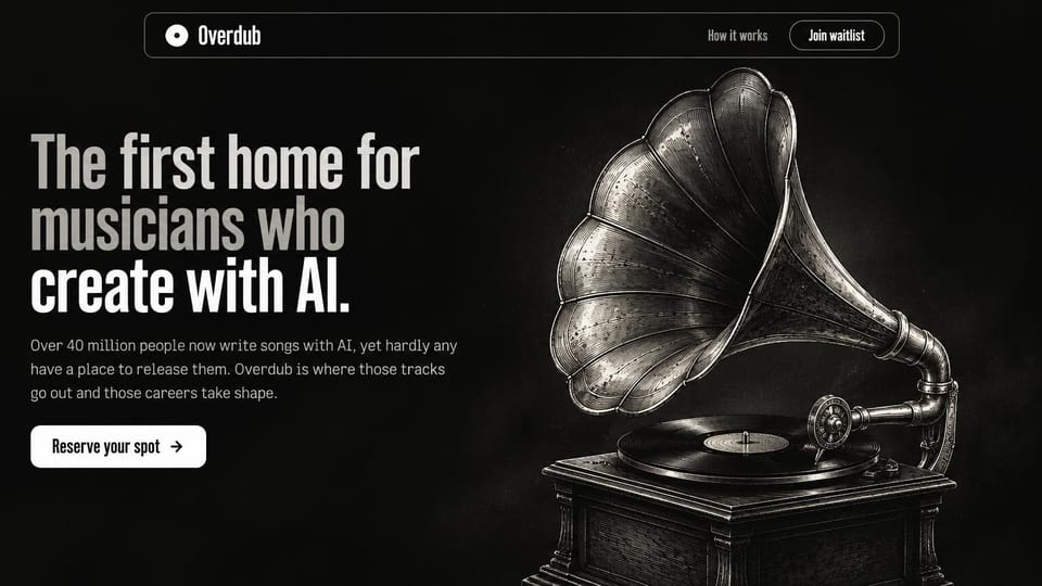 SaaS website design, music startup waitlist with a striking still life: black page, an old gramophone in silver light, a tall condensed white headline and a reserve button