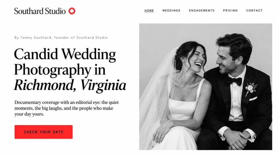 Wedding photographer website design, wedding photographer with a city in the headline: white page, black serif headline with an italic city name, a small founder byline, red button and a black-and-white portrait of a laughing couple