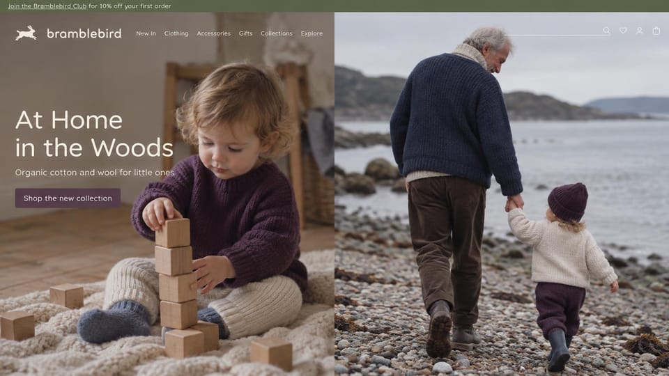 Fashion website design, organic baby knitwear split between home and beach: green top bar, split hero of a toddler in a plum sweater stacking wooden blocks and a grandfather walking a small child on a pebble beach, a hare logo, a white sans headline and a plum button
