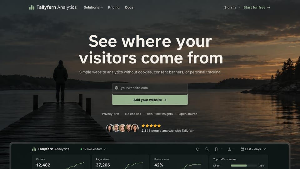 Landing page website design, website analytics over a lake at dusk: dusk photo of a man on a lake dock, a large centered white headline, a website field with a sage green button and a dark dashboard below