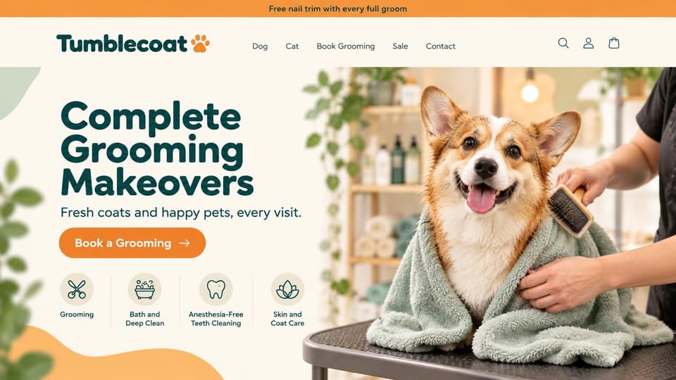Pet business website design, grooming salon with a shop and service icons: cream page with an orange offer bar, a dark teal headline beside a corgi wrapped in a green towel being brushed, four service icons