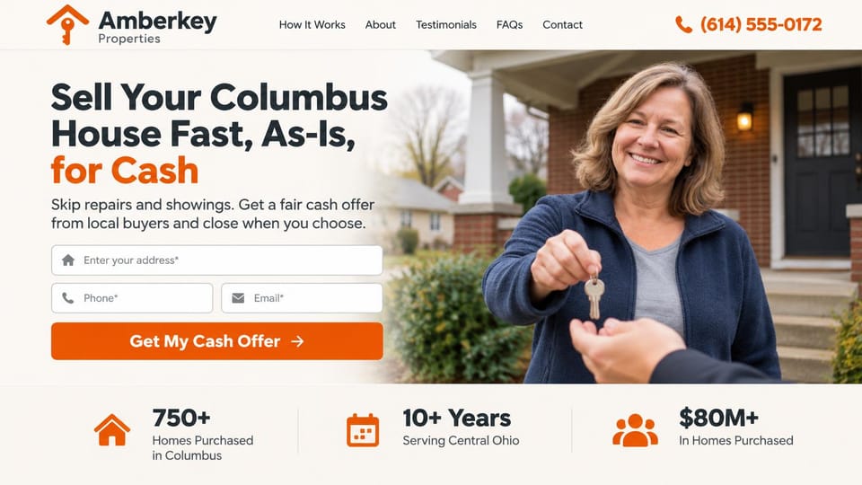 Business website design, cash buyer with a daylight key handoff and stats: warm white page, dark headline with an orange last line, a smiling woman holding out keys on a brick porch, three-field form with an orange button, stats row with orange icons