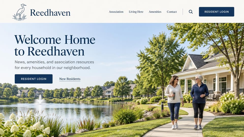 HOA website design, lakeside community with a resident login: cream header with a heron line logo, a navy serif headline and two neighbors walking a lakeside path past a fountain