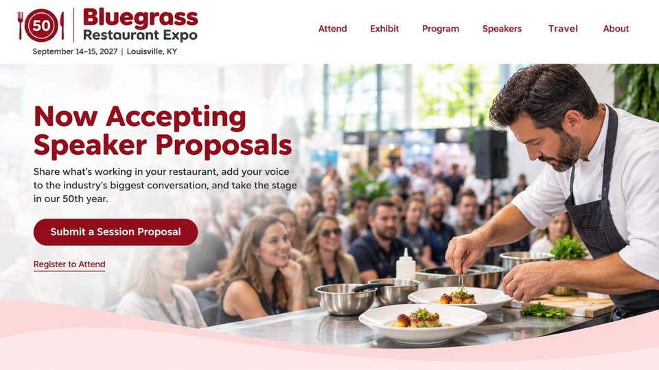 Event website design, restaurant trade show calling for session proposals: white header with a burgundy logo, faded photo of a chef plating small dishes for a seated crowd, burgundy headline and button, soft pink wave at the bottom