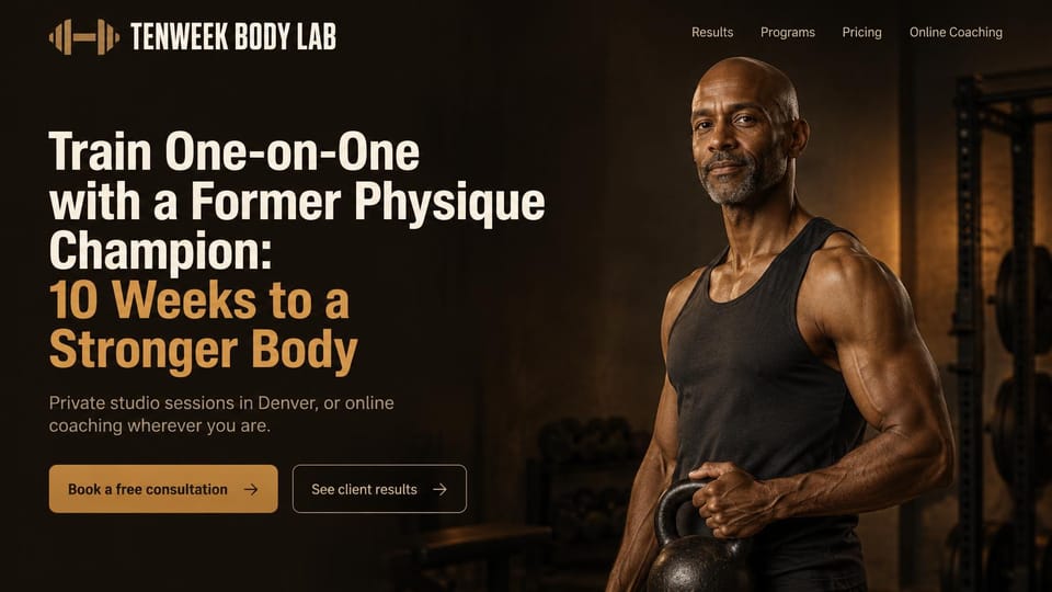 Personal trainer website design, physique transformation program sold on the coach's record: black and warm brown page, a white and gold condensed headline, a gold consultation button and a results button, a muscular older man holding a kettlebell in low gym light