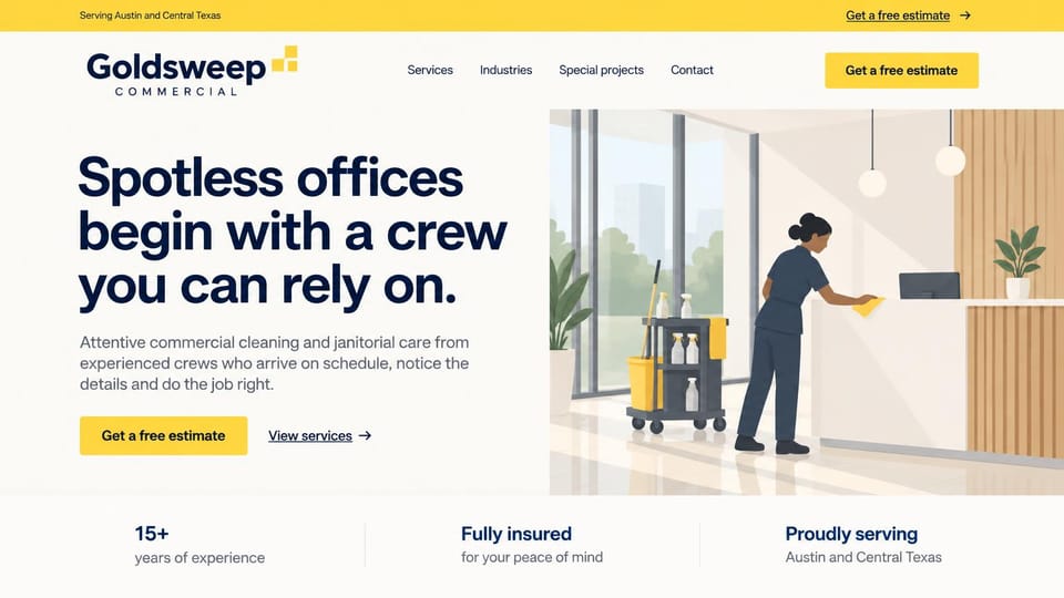 Cleaning service website design, janitorial service with a drawn office scene: cream page with a yellow top bar, a bold navy headline, a yellow estimate button and a flat illustration of a cleaner with a supply cart wiping a reception desk