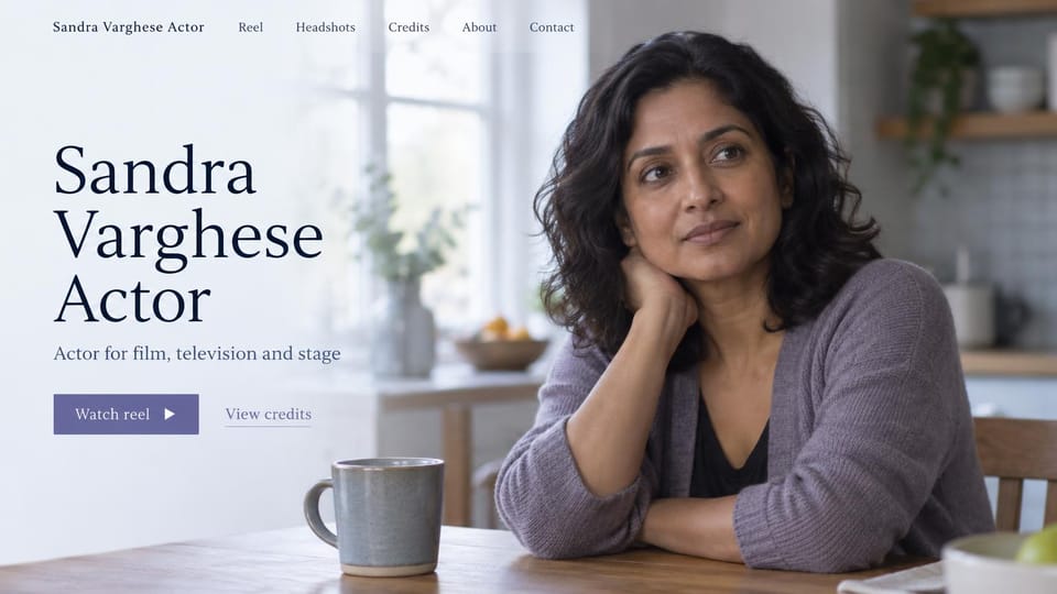 Actor website design, film, TV and stage actor in soft kitchen light: soft white page, a large dark serif name, a lavender reel button and a woman in a gray cardigan resting her chin on her hand at a kitchen table with a mug