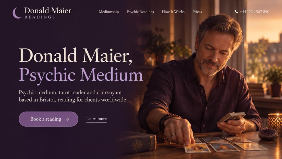 Astrology website design, psychic medium with the name as the headline: deep plum panel with a cream and lavender serif headline beside a reader laying out cards at a sunset window