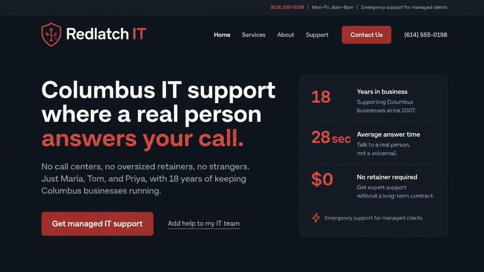 IT company website design, local IT support where a person answers: charcoal page, white and red headline, red button, a dark card of three red figures, a phone number in the top bar