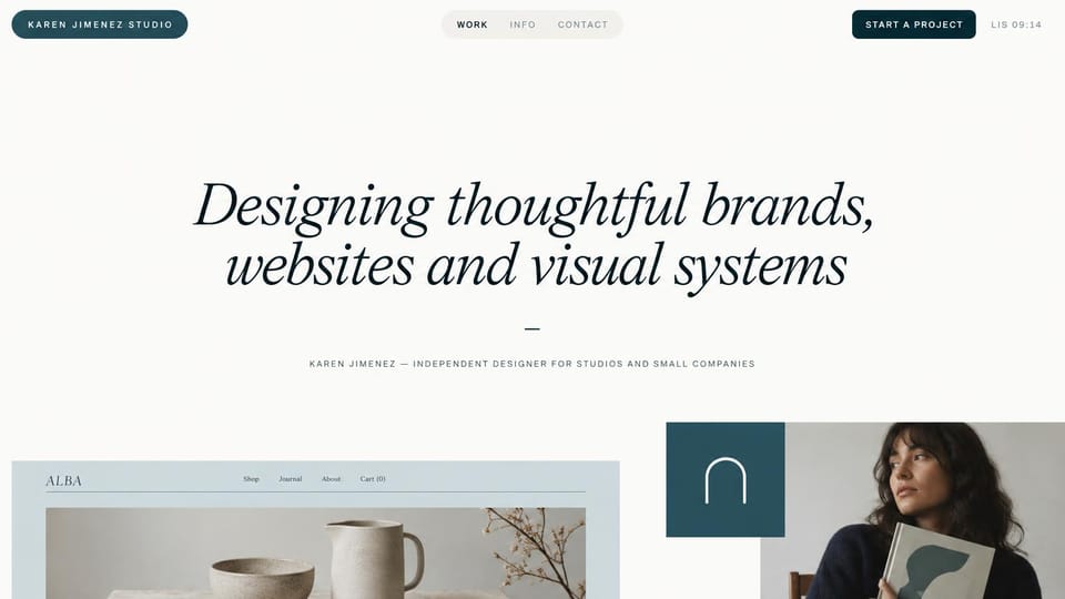 Graphic design portfolio website design, brand and web designer with an italic headline: warm white page, pill-shaped name tag and menu, a large centered italic serif headline in deep teal, a website mockup, a teal logo tile and a portrait below