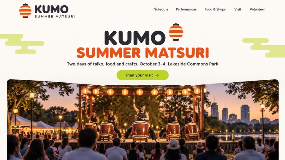Event website design, japanese summer matsuri with taiko on a lantern stage: cream page, chunky black and orange centered name, lime cloud shapes, lime visit button, wide photo of taiko drummers on a lantern-lit stage at dusk