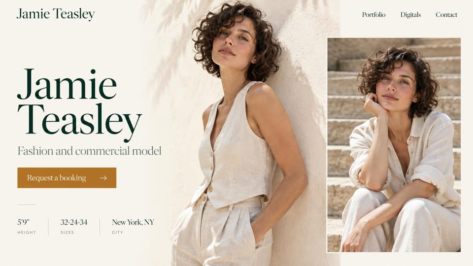 Model portfolio website design, fashion model with a stats line under a green serif name: warm ivory page, a huge deep green serif name, a gold booking button, a stats line and two sunlit photos of a woman with dark curls in cream linen