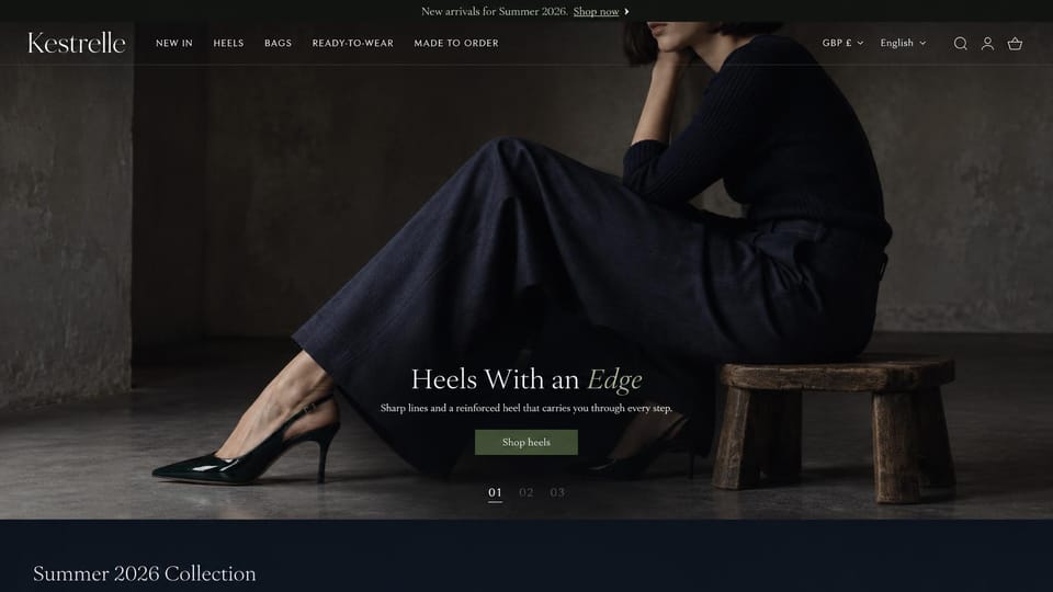 Fashion website design, heels shot low in a dark concrete studio: dark concrete studio, a woman cropped at the chin in navy knitwear and wide trousers on a low stool with one black patent heel forward, a white serif headline with a green italic word and a green button