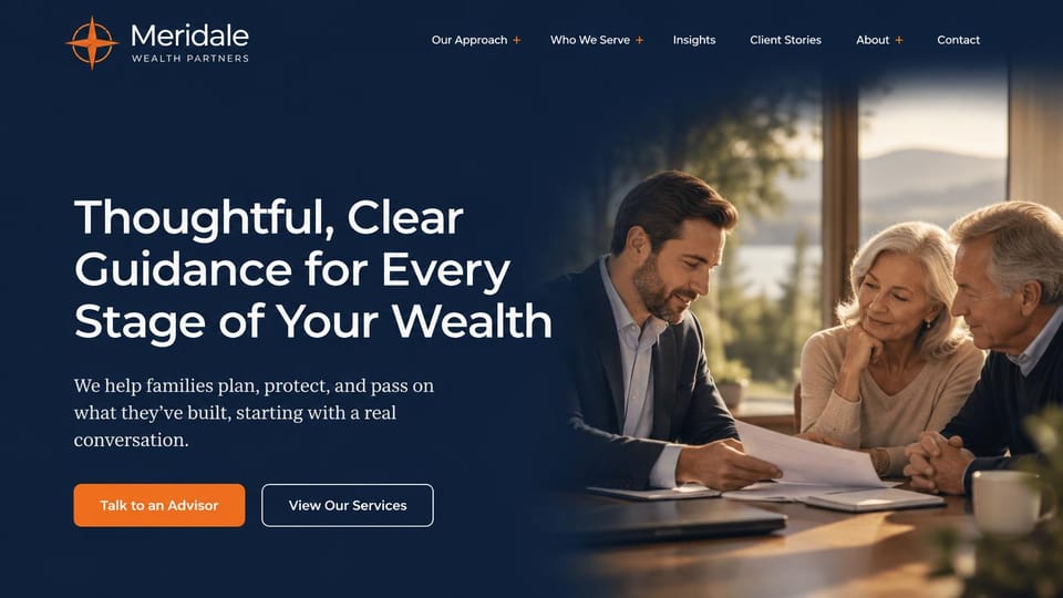 Financial advisor website design, family wealth on navy with orange buttons: dark navy page, white sans serif headline, orange button and a photo of an advisor with an older couple by a window