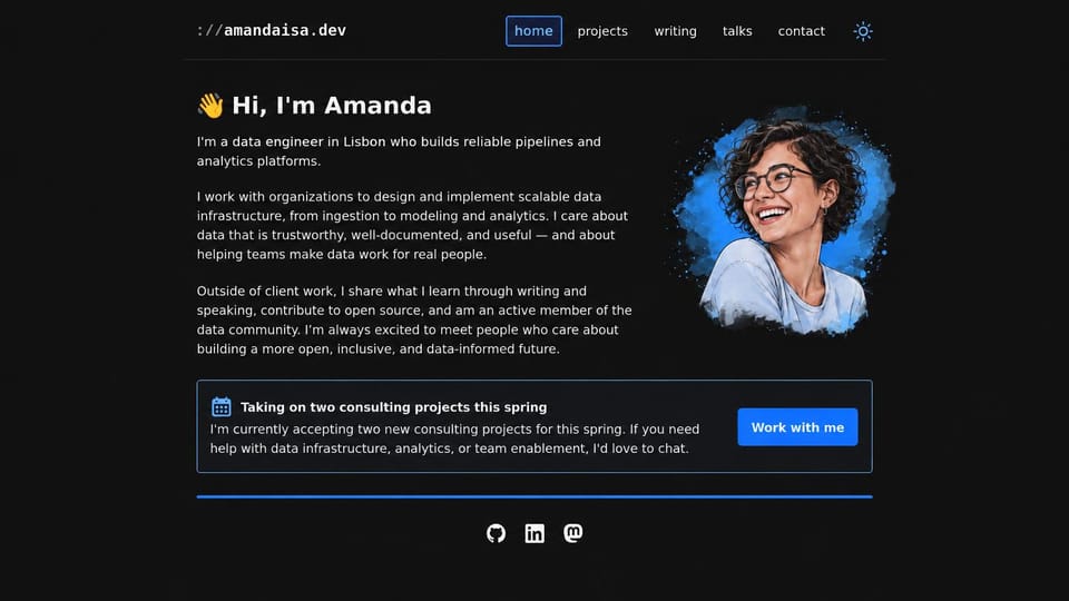 Resume website design, freelance data engineer with an availability banner: near-black page, a monospace site name, white text, an illustrated portrait in a blue paint splash and an outlined banner with a blue work with me button