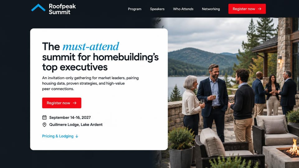 Event website design, invitation-only builder summit at a lake lodge: dark navy page, a white card with a black and blue italic headline, a red register button and date and place icons, a photo of executives with drinks on a stone terrace above a lake
