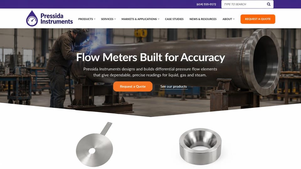 Manufacturing website design, flow meter maker with products under the hero: purple top strip, white menu with an orange quote button, a dark shop photo of a welder joining a large steel pipe, a centered white headline, two steel flow parts on white below