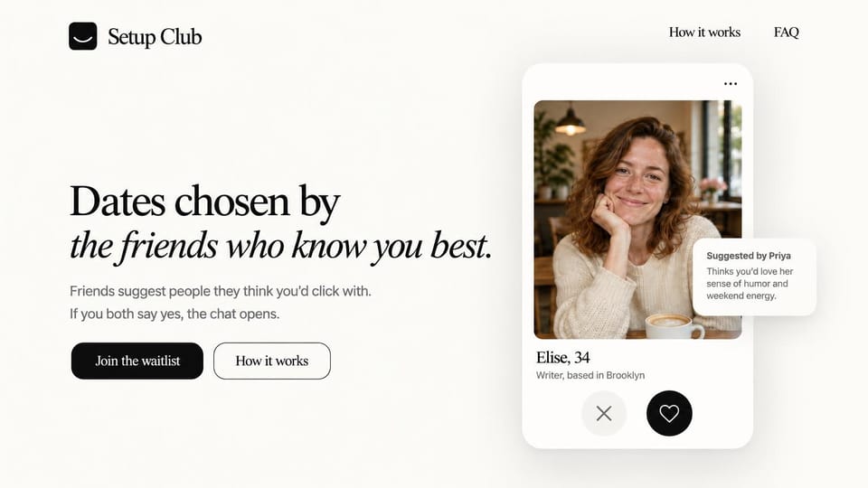 Coming soon website design, dating app waitlist with a sample profile card: cream page, large black serif headline with an italic second line, a black waitlist button, a white profile card with a smiling woman in a café and a suggestion note