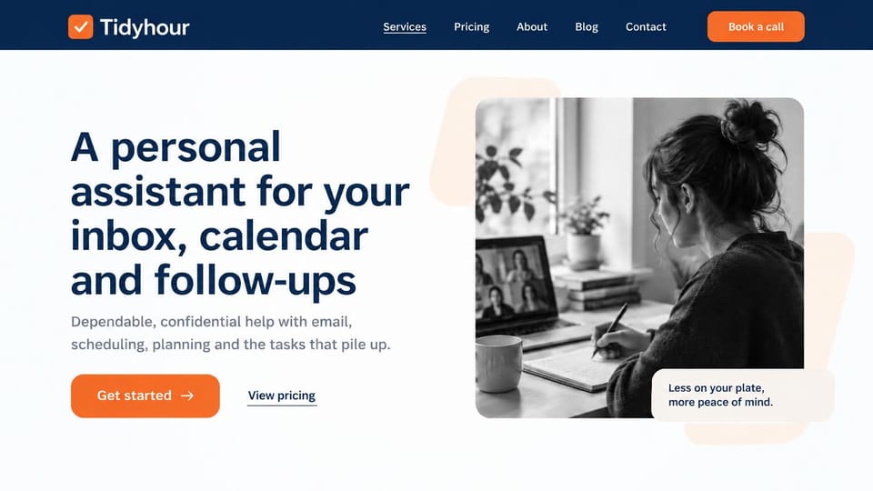 Virtual assistant website design, personal assistant in black and white: navy menu bar, white page with a navy headline and an orange button, a black and white photo of a woman writing at a desk beside a video call, peach shapes