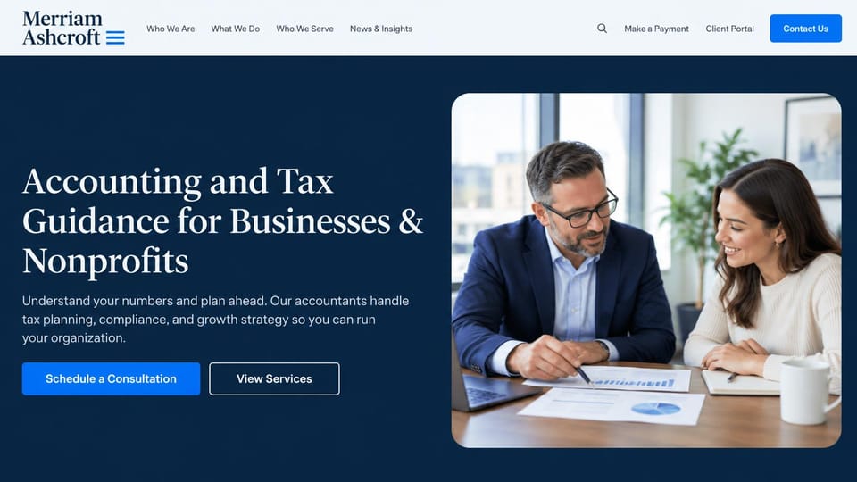 Accounting website design, accounting and tax for businesses and nonprofits: light header, a deep navy hero with a white serif headline, a bright blue button and a rounded photo of an accountant and client