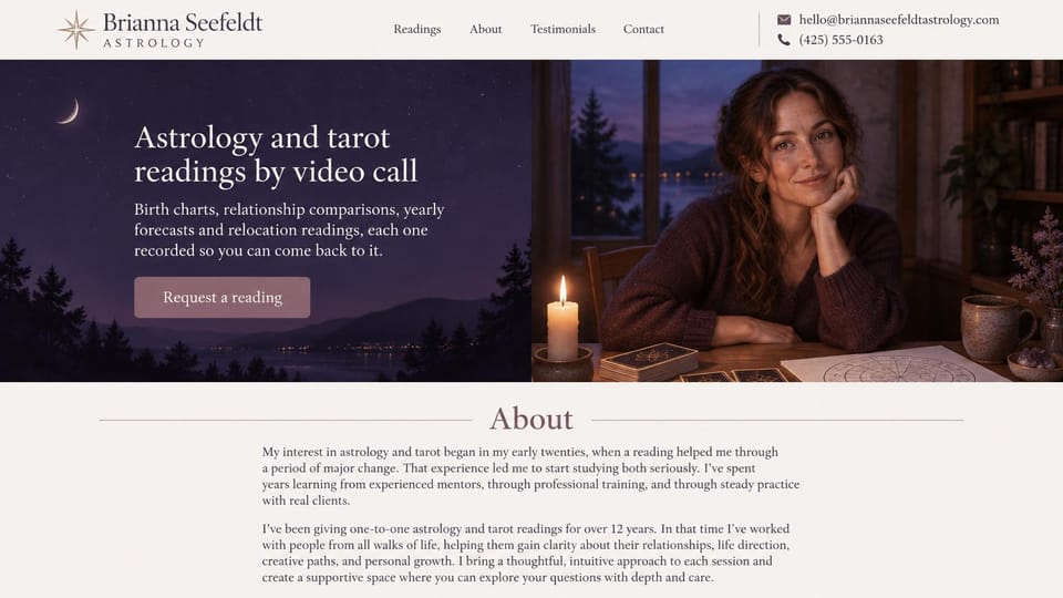 Astrology website design, astrology by video with a twilight landscape: cream header with email and phone, a twilight lake panel with a serif headline and a mauve button beside a smiling reader at a candlelit table, an about section below