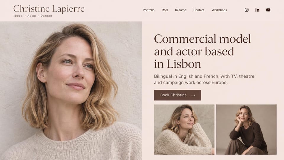 Model portfolio website design, bilingual model, actor and dancer: blush page, a large photo of a woman with wavy blonde hair in a cream sweater, a brown serif headline, a brown booking button and two smaller portraits